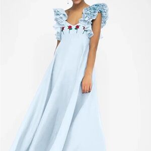 Fanm Mon Blue Linen Rose Embroidered Dress